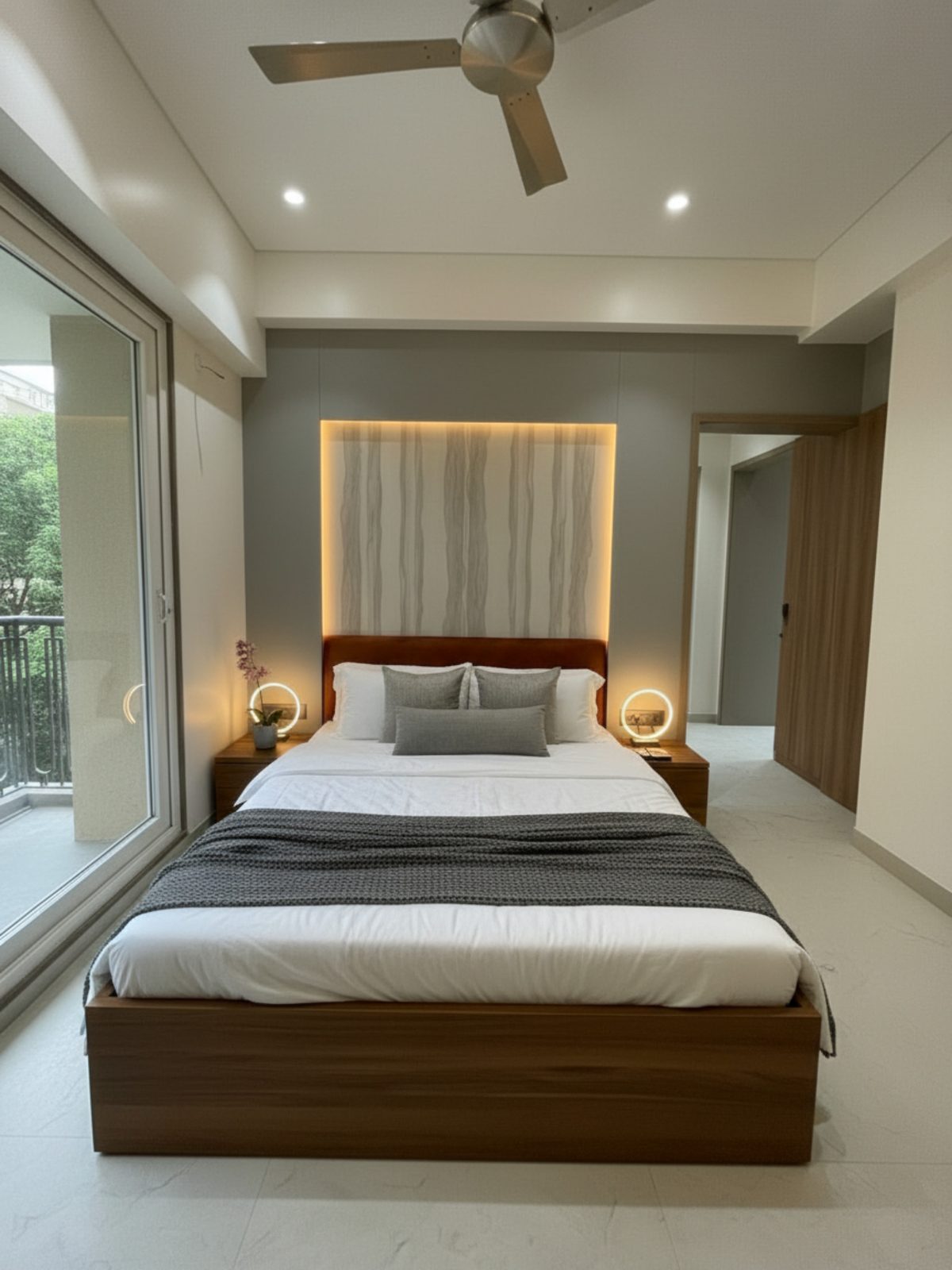 Guest bedroom with backlit headboard wall