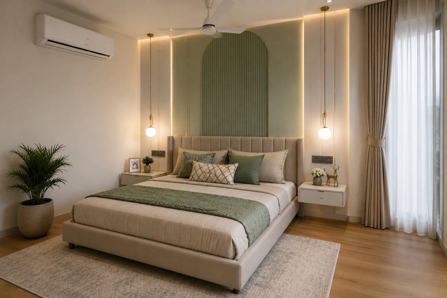 Master bedroom with sage green arched headboard panel