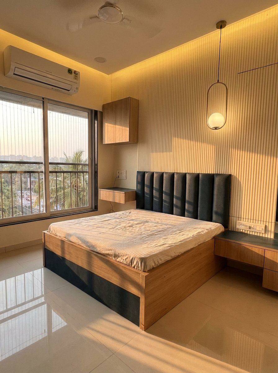 Warm contemporary bedroom with panelled headboard
