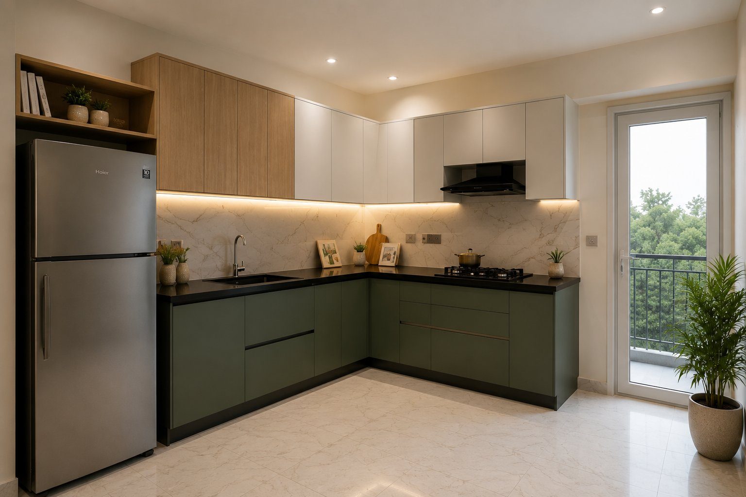 Renovated modular kitchen in deep green with marble backsplash