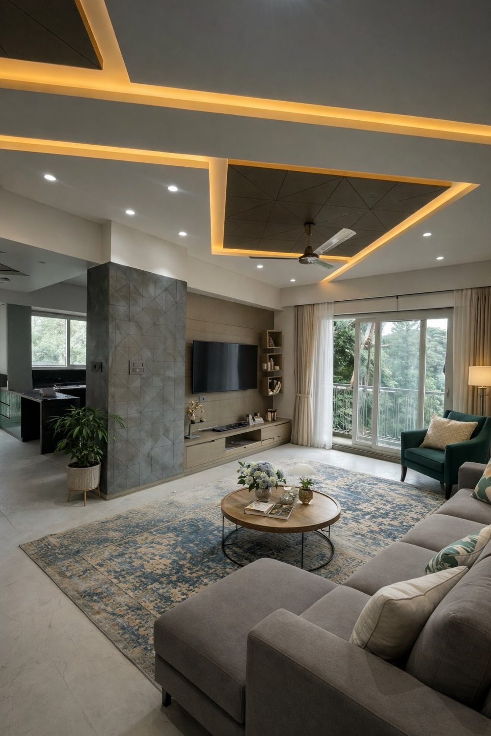 Living room view with gold cove ceiling