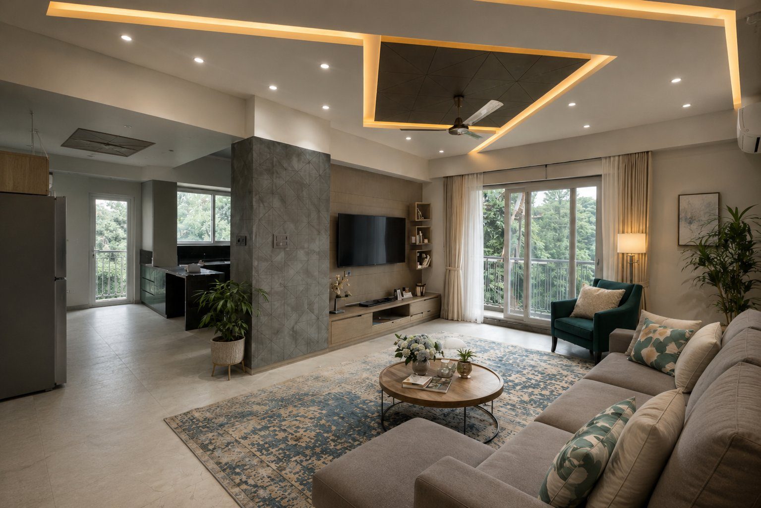 Kurla 2BHK living room with layered ceiling and warm cove lighting