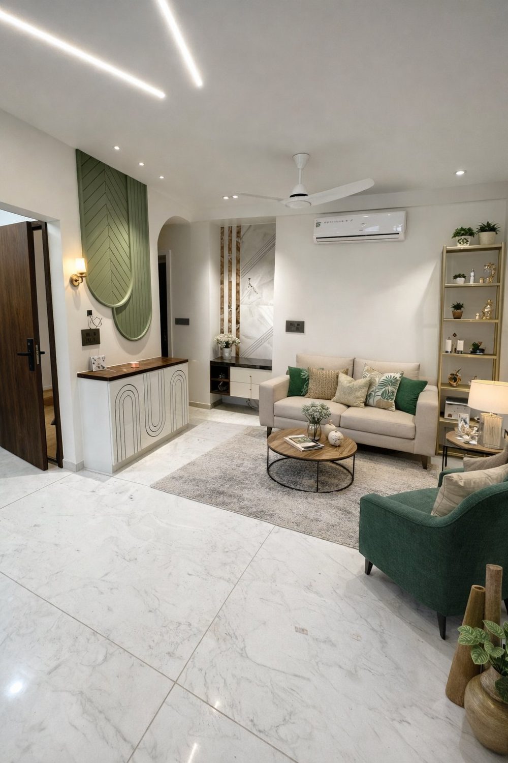 Mira Road living room with sage green panelling