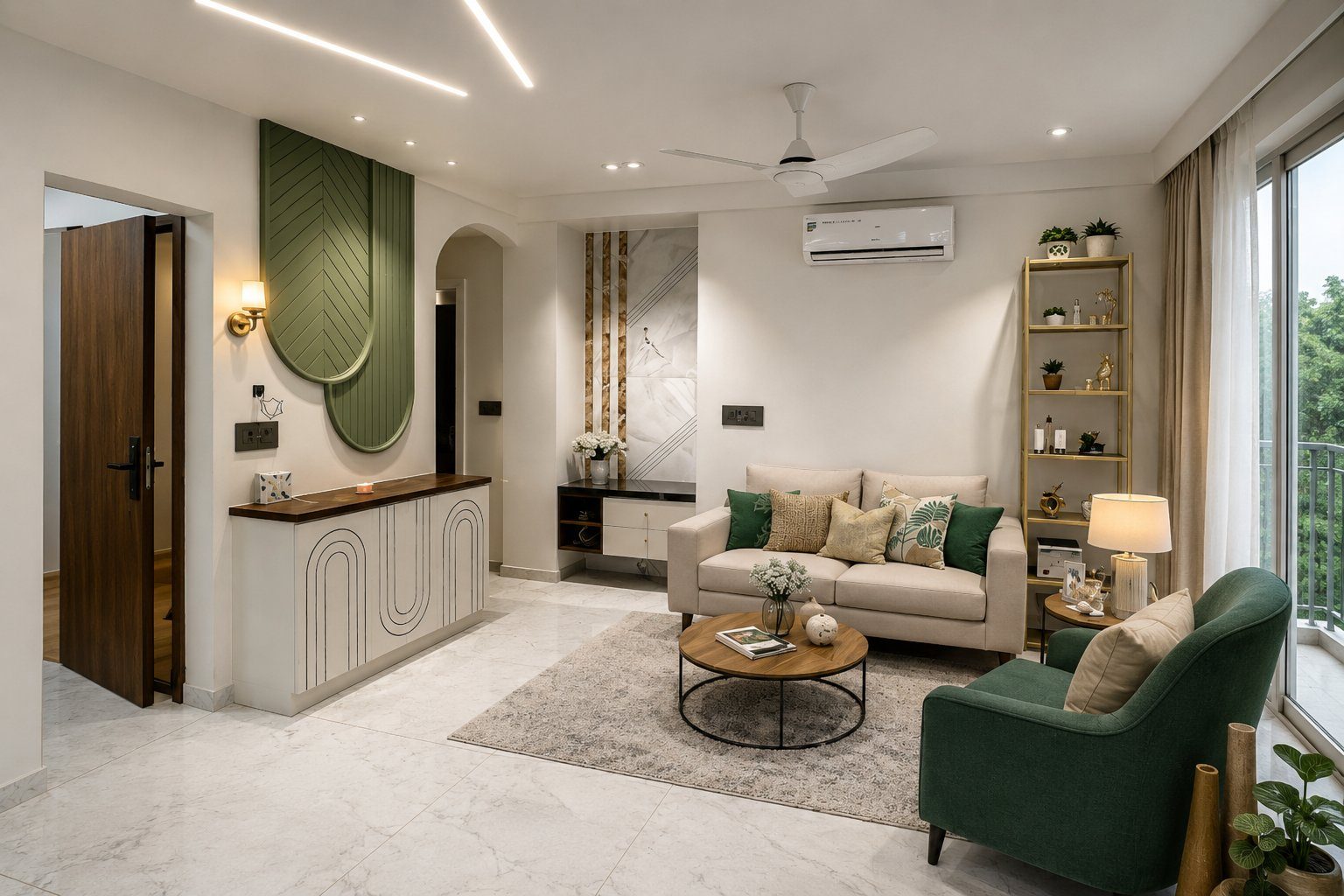 Mira Road living area with marble flooring and green accents
